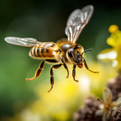 honey bee flying towards camera.