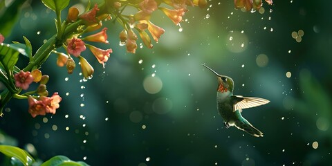 Obraz na płótnie Canvas Serene nature scene with hovering hummingbird, soft lighting and blooming flowers. perfect for environmental concepts. AI