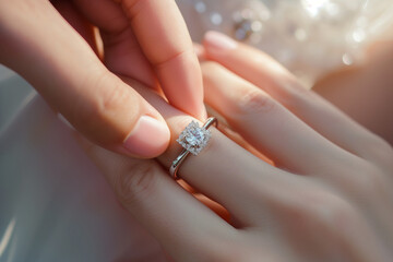 Elegant Engagement Ring on Woman's Finger, Romantic Proposa