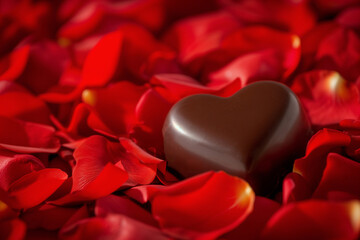 Romantic Chocolate Heart Amidst Vibrant Red Rose Petals, Symbol of Love