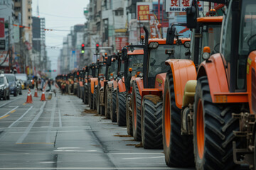 Fototapeta na wymiar Tractors Blocking City Streets and Causing Traffic Jams - Generative AI.