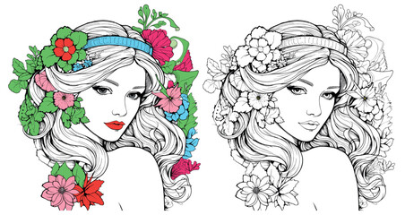 flower and girl coloring pages for adults
