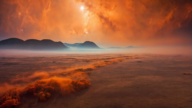 Orange-hued fog emerging from the ground, creating a nebula-like appearance and adding cosmic allure.