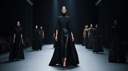 Beautiful tall female models wearing black designer outfits walk down the catwalk during a minimalistic fashion show of a new collection of clothes at the Fashion Week. - obrazy, fototapety, plakaty