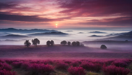 Plum-colored mist settling with the onset of twilight, creating an atmospheric scene with a touch of elegance.  - obrazy, fototapety, plakaty