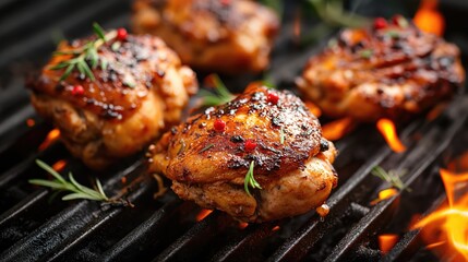 Spicy chicken thighs are grilled on a grill over a fire - obrazy, fototapety, plakaty