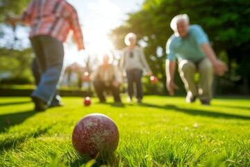 A group of senior citizens playing bocce ball on a sunny afternoon, with one person about to throw 
