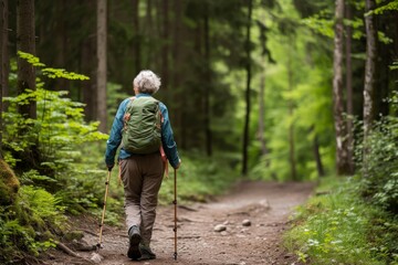 Obraz premium A senior woman hiking with a walking stick on a forest trail, admiring the view