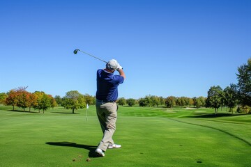 An old man playing golf, swinging a club on a green fairway under a clear blue sky 