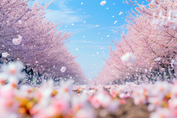 Fototapeta na wymiar A Tranquil Tunnel of Cherry Blossom Trees Embraced by a Gentle Spring Breeze.