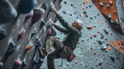 Fototapeta na wymiar An old man rock climbing indoors, carefully ascending with focus and determination