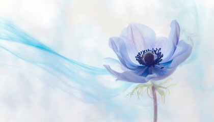 Anemon i dym, jasna tapeta w niebieskie kwiaty, puste miejsce - obrazy, fototapety, plakaty