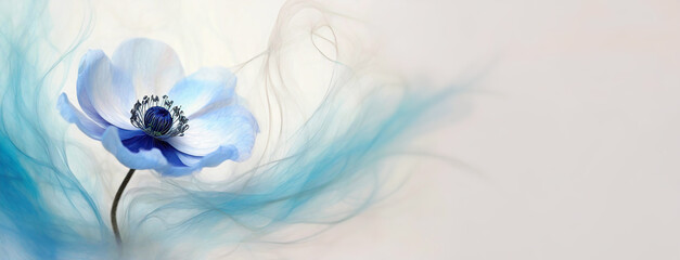 Anemon i dym, jasna tapeta w niebieskie kwiaty, puste miejsce