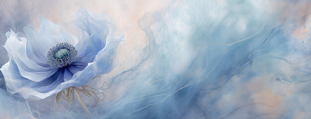 Anemon i dym, jasna tapeta w niebieskie kwiaty, puste miejsce