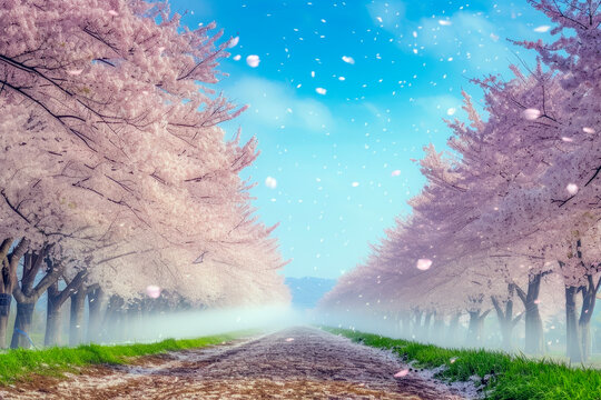 A Tranquil Tunnel of Cherry Blossom Trees Embraced by a Gentle Spring Breeze.