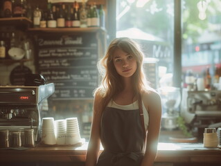 Portrait of barista in apron at the bar of the modern cafe. Barista at counter in cafe. Coffee cafe. Stunning, Beautiful woman.