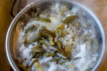 Cooperative making food products in Mhaydseh, Bekaa, Lebanon. Making baba Gghannouj (from eggplants)