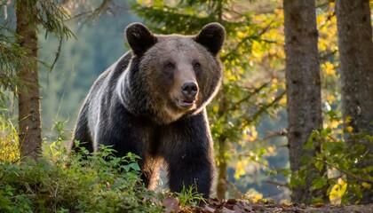Fototapeta premium Brown bear in the woods, adult , beautiful forest, wildlife nature