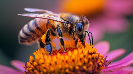 A bee pollinating a flower - obrazy, fototapety, plakaty