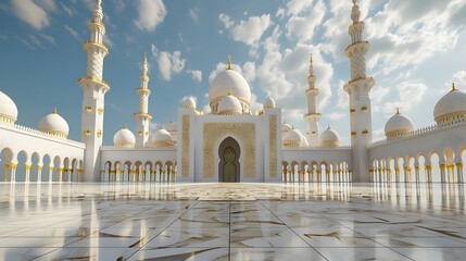 Fototapeta premium Ramadan Kareem. Tall minarets, mosque dome and crescent and shining star in the sky. Religious background.