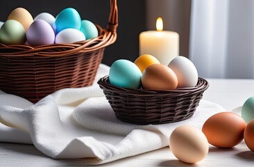 Two wicker baskets with colored eggs in them stand on a white chair with a towel, a blurred background of a lit candle and a room, banner, bokeh