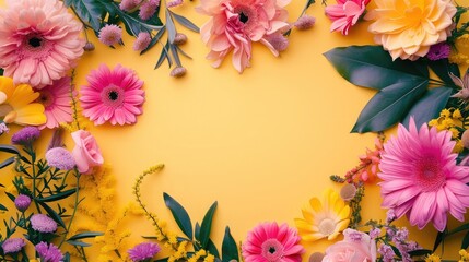 Creative layout made of flowers and leaves Flat lay Nature concept Floral Greeting card Colorful spring flower background space for text Nature Trendy Decorative Design