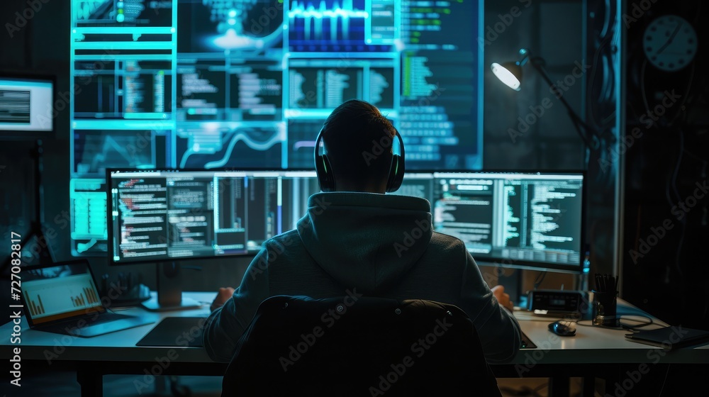 Poster hacker at work with graphic user interface around