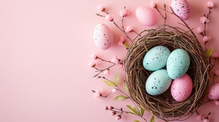 Naklejka na ściany i meble Happy Easter holiday celebration banner greeting card with pastel painted eggs in bird nest on pink backround tabel texture