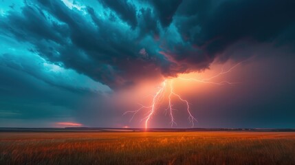 Fototapeta na wymiar Lightning strike on the horizon during an electrical storm on the prairies