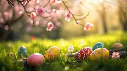 Fototapeta na wymiar Painted easter eggs in the grass celebrating a Happy Easter in spring with a green grass meadow, cherry blossom and on rustic wooden bench to display