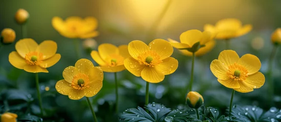 Fotobehang Yellow buttercup flower meadow background. Floral spring wallpaper, banner. Nature © elenabdesign