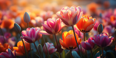 Colorful tulip garden flower background. Floral spring wallpaper, banner.  - obrazy, fototapety, plakaty