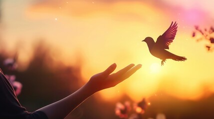 silhouette of bird flying out of Girl child hand on beautiful background freedom concept International Working Women39s Day