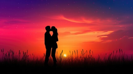 Fototapeta premium silhouette Romantic couple lovers hug and kiss at colorful sunset on background love concept