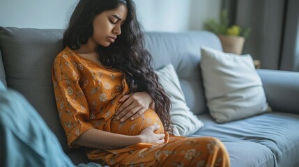 Unhappy sick pretty long-haired young indian woman wearing casual comfy outfit sitting on couch in living-room at home, touching belly, suffering from period crumps, side view, copy space