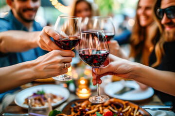 Happy friends toasting red wine glasses at dinner party