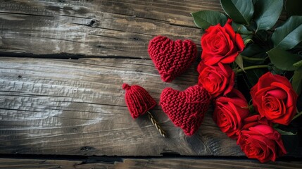Valentine day greeting card with red rose flowers bouquet and knitted heart on wooden background Top view with space for your greetings