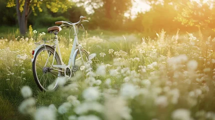 Photo sur Aluminium Vélo White bicycle in fresh summer park