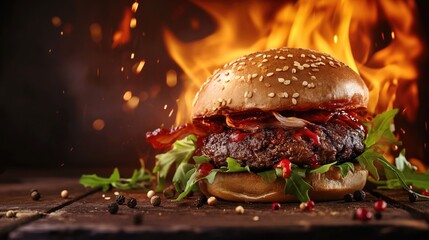 Pepper burger burning on fire