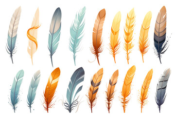 Colorful feathers on the white background seamless pattern watercolor illustration bird feathers set for templates, cards, icons isolated, transparent background Generative Ai
