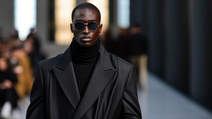 Close-up of a confident African American male model wearing a black coat and sunglasses, parading down the runway at a minimalistic fashion show, showing off the designer's new collection. - Powered by Adobe