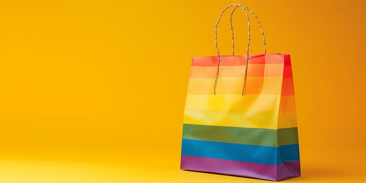 A shopping bag in pride colours on an orange background