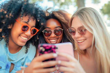 Multiracial young women using smart mobile phone device outside