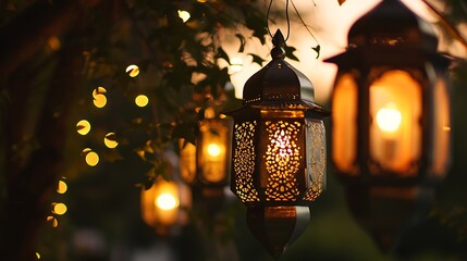 Hanging Ornamental Arabic lantern glowing in night invitation for Muslim holy month Ramadan Kareem