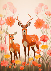 Cute Deer in the Wild: A Colorful Illustrated Card with a Charming Brown Fawn Standing in a Lush Green Forest with Floral Background