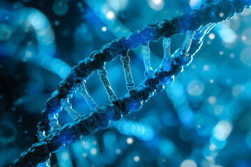 human DNA view under the microscope. Blue helix background close-up