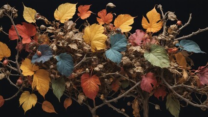 Colorfully arranged plant leaves and stems in different shapes and colors that dry out