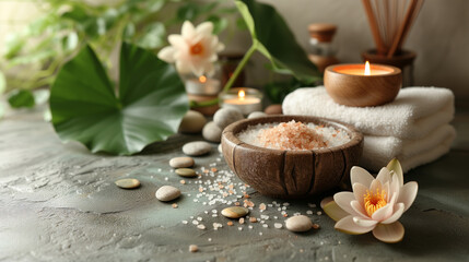 Spa background. Beauty spa salon background with Himalayan salt in a wooden bowl, white towels, aromatic candles, and lotos flowers on stone surface background. Spa stone massage template
