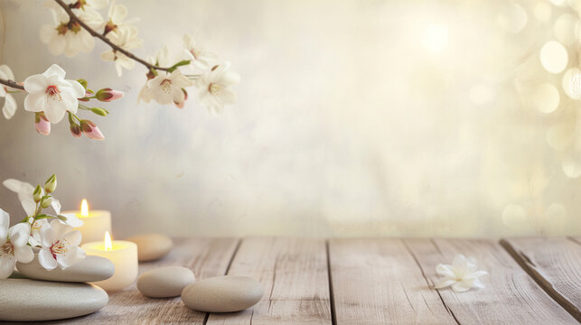 Spa background. Beauty spa salon background with spa massage stone, aromatic candle, sakura cherry flowers on on wooden floor surface background. Spa stone massage template