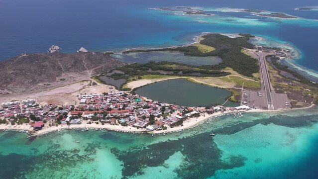 Los roques archipelago in venezuela, showcasing turquoise waters, sandy beaches, and a small community, aerial view